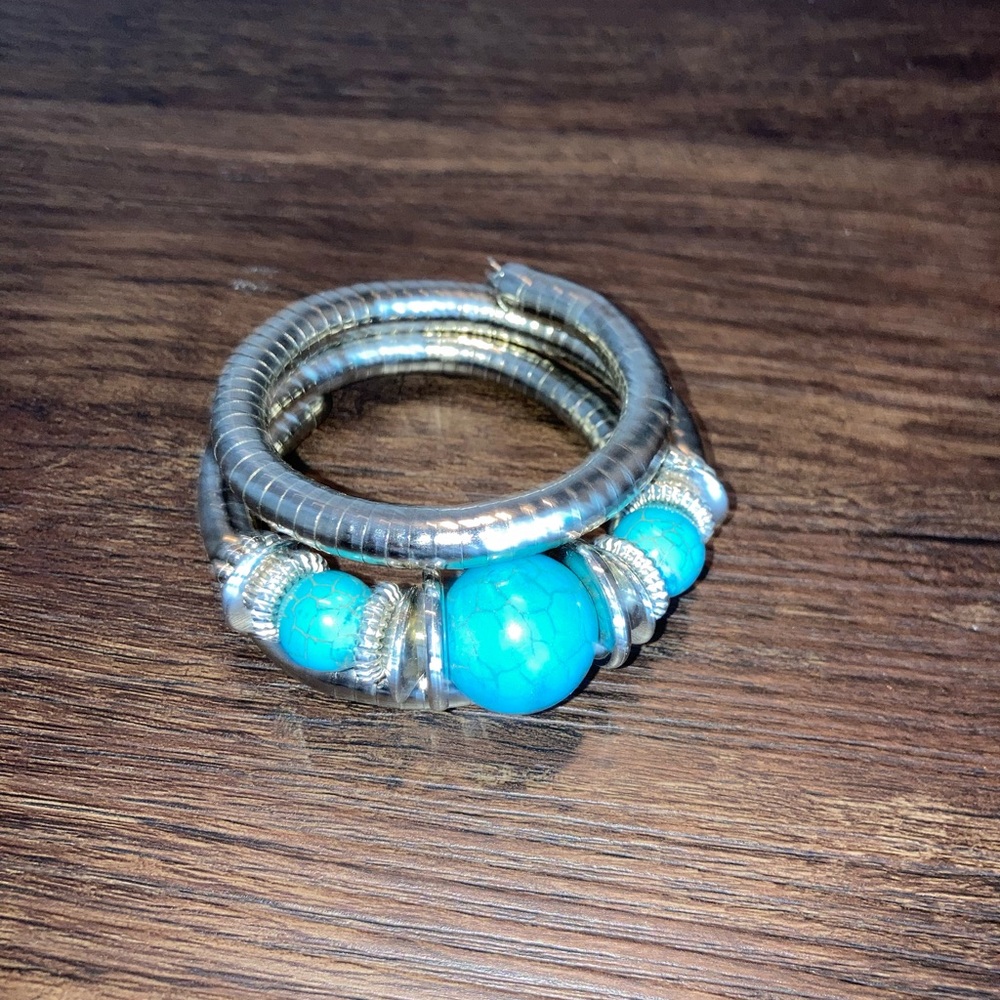 Silver and Turquoise Bead Coil bracelet - Women Jewelry